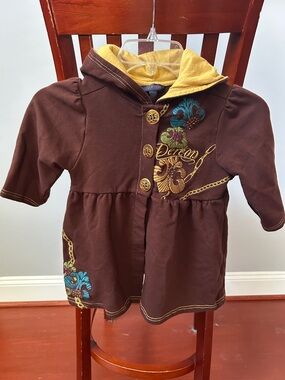 Dereon Brown Hoodie Dress with Yellow Lining and Floral Embroidery
